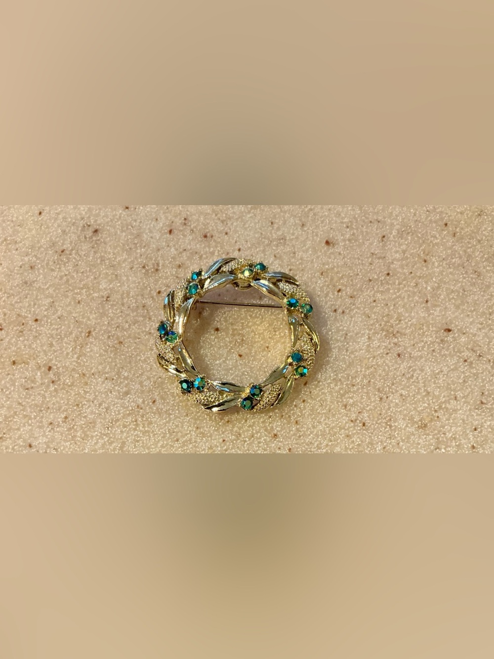 Gold-Tone Wreath Brooch with  AB Green Stones